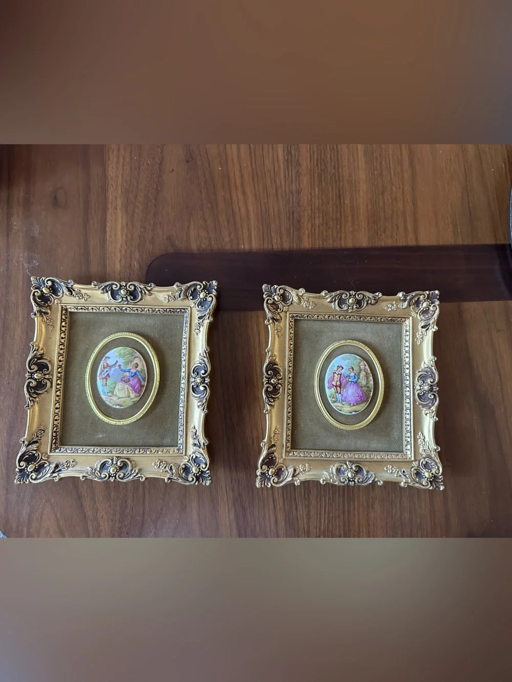 Decorative Gold Ornate Picture Frame Pair with Pastel Cameo Art
